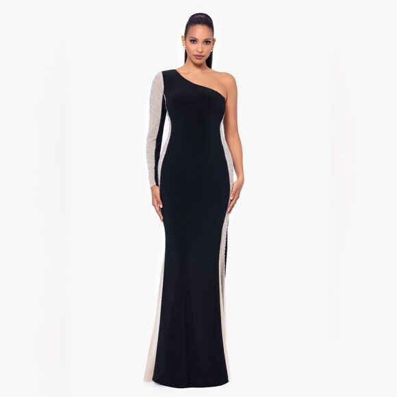 Xscape "DORTHEY"  LONG CAVIAR BEADED JERSEY KNIT ONE SHOULDER LONG SLEEVE DRESS - Picture 2 of 13